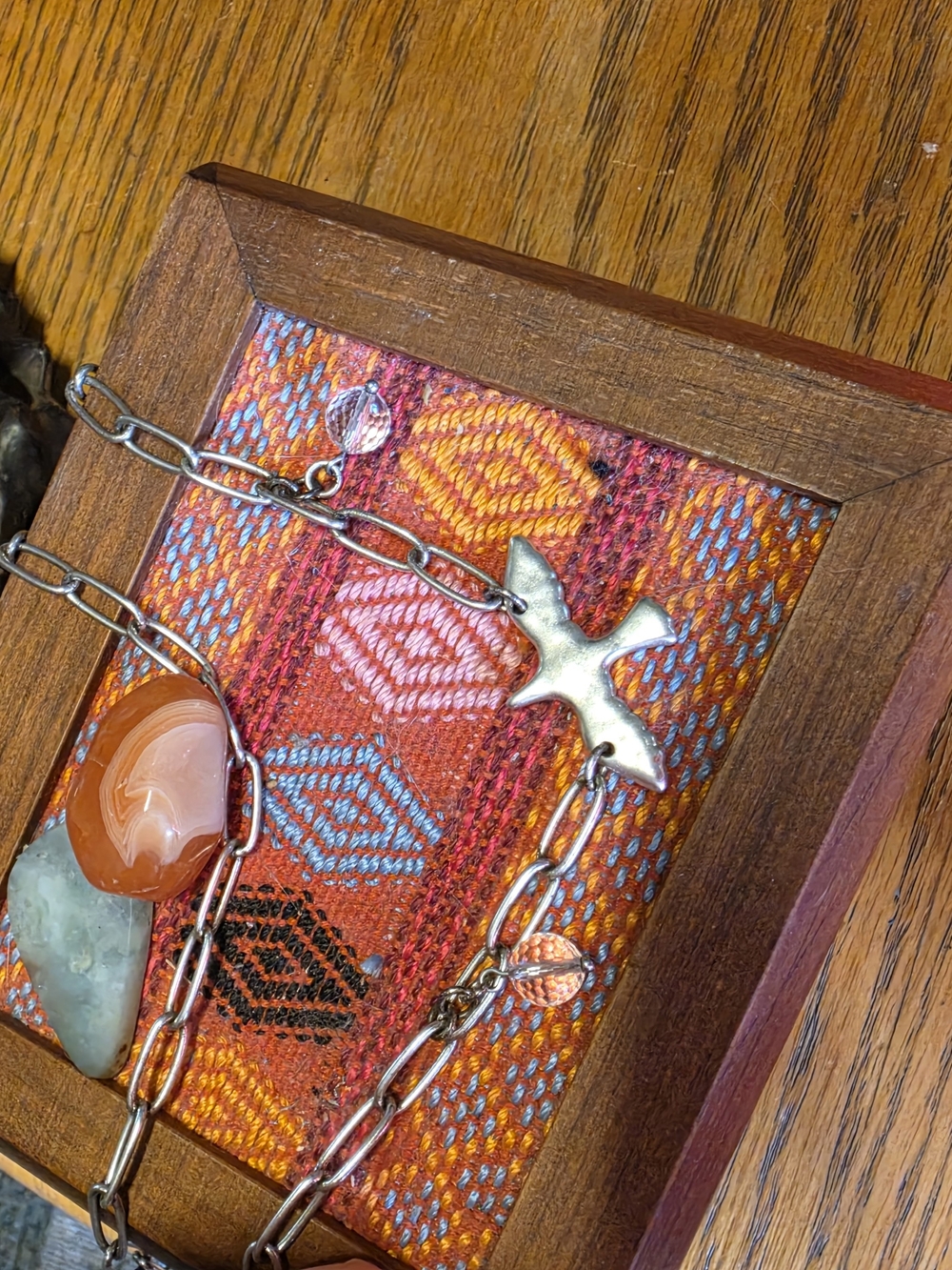 Silver Cross Necklace with Orange Agate Accent